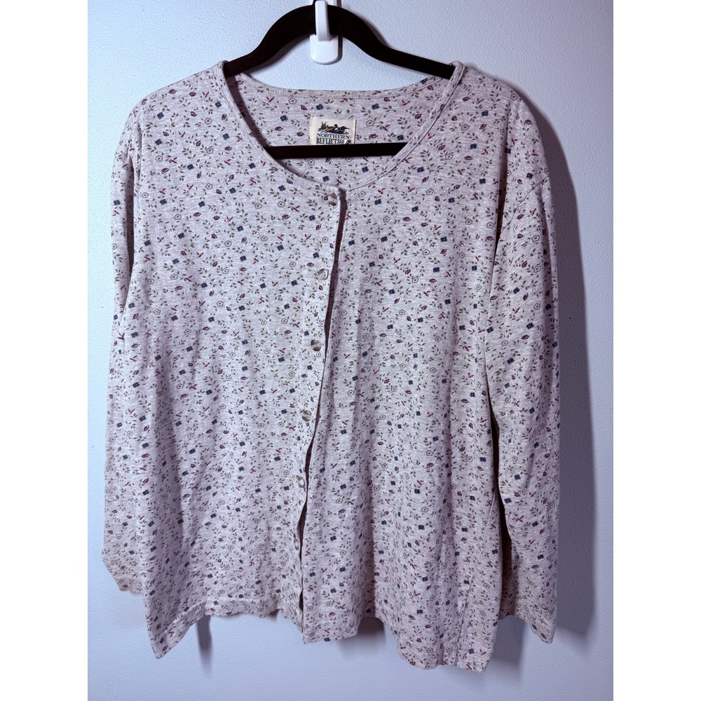 VTG 90s Northern Reflections Womens Cotton Cardigan Size L Gray Floral Button Up